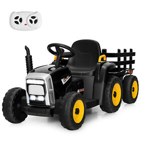 Ty327774us-dk 12v Kids Ride On Tractor With Trailer Ground Loader Rc And Lights Dark Black