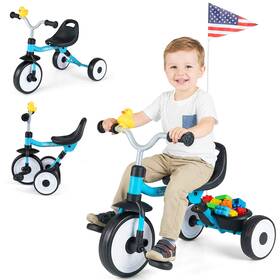 Babyjoy Us-2hcst11573 3-in-1 Kids Tricycle With Lighted Wheels Folding Toddler Trike Adjustable Seat