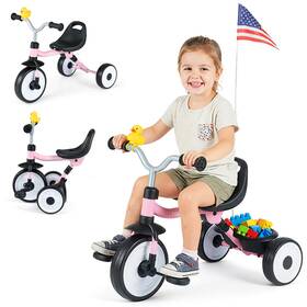 Us-2hcst11575 Babyjoy 3-in-1 Kids Tricycle With Lighted Wheels Folding Toddler Trike Adjustable Seat
