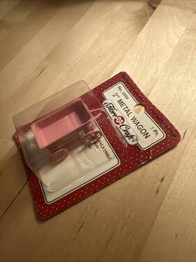 Fibre Craft 466530000796 Vintage Mini Miniature Doll House Pink Metal Toy Wagon 2 Inch