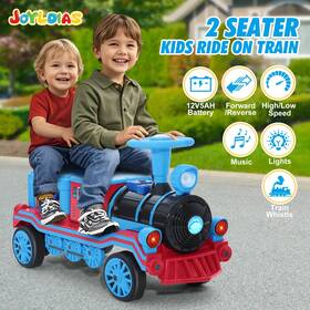 Joyldias F121000 Large Blue 12v Powered 2-seater Kids Ride On Train 2 Speeds Music Lights Storage