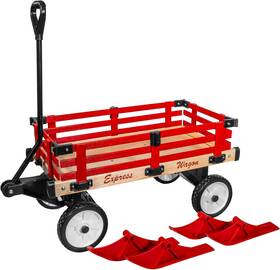 Millside 774996015606 Wood Wagon Cart With Flat-free Tires And Sleigh Runners Red 300lb Cap