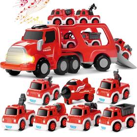 Mindpal Mp003-0re Fire Truck Toy For 3 4 5 6 7 Years Old Toddler Boys 8-in-1 Car Carrier