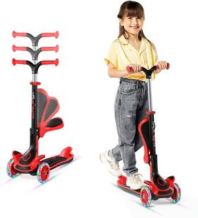 Lifms33 Nobrand Foldable 3-wheel Kids Scooter With Led Lights Adjustable Handlebar - Red